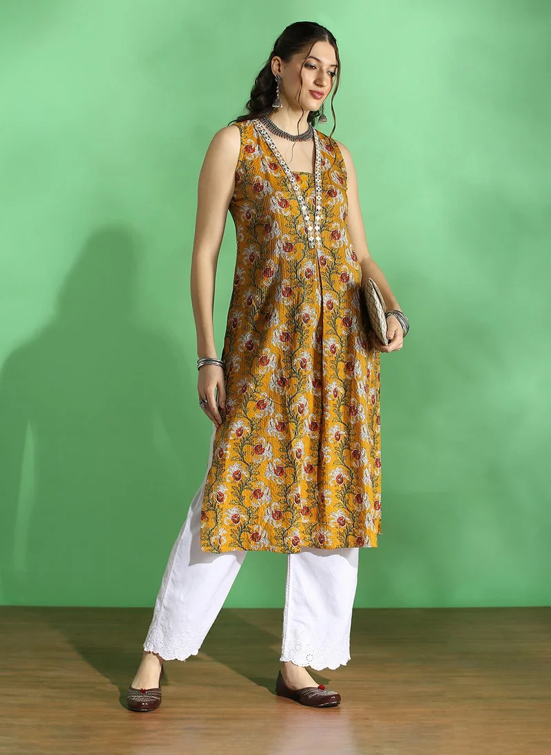 globus Globus Women Mustard All Over Floral Print V-Neck Embroidered Woven Design Pleated Straight Kurta